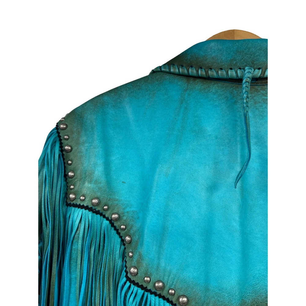 Gamino Turquoise Leather Fringe Western Jacket Studded Boho Whipstitch XL - Picture 10 of 12